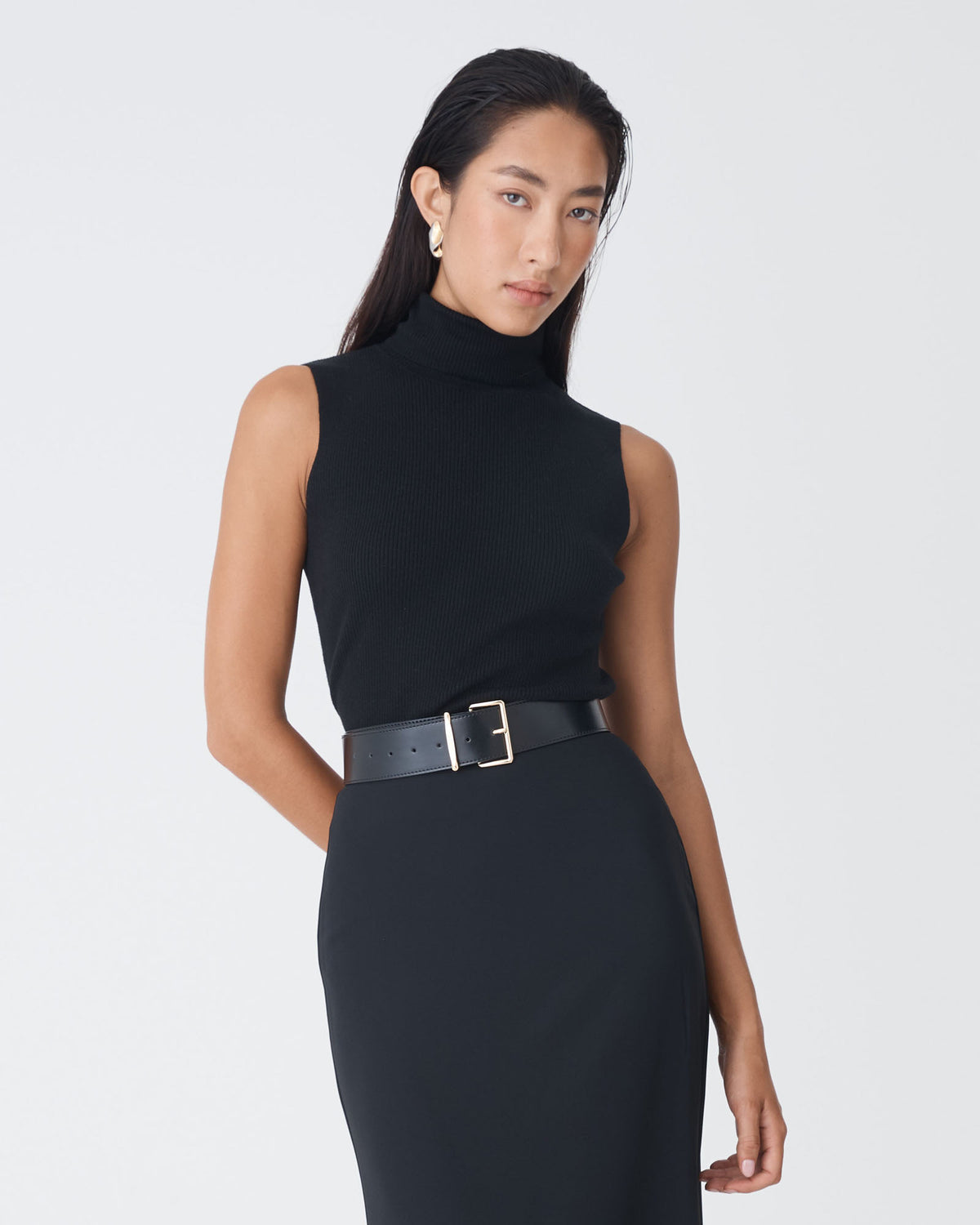 Suzie Turtleneck Rib Knit Top in black — close-up view