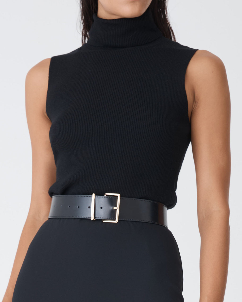 Suzie Turtleneck Rib Knit Top in black — close-up view 2