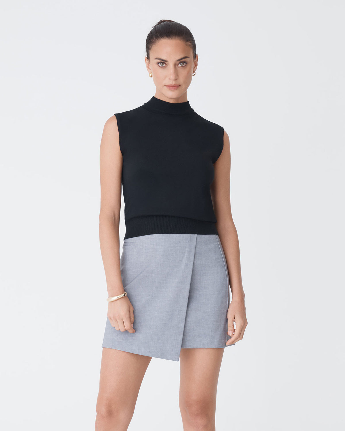 Dina Mock Neck Knit Top in black — close-up view