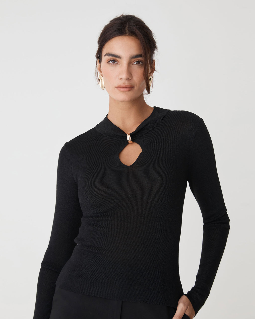 Ciara Keyhole Lurex Knit Top in black — close-up view