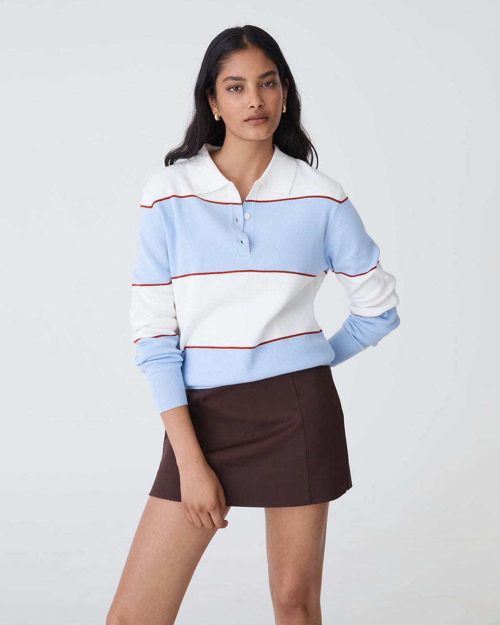 Brenda Stripe Collared Sweater in blue stripe — close-up view
