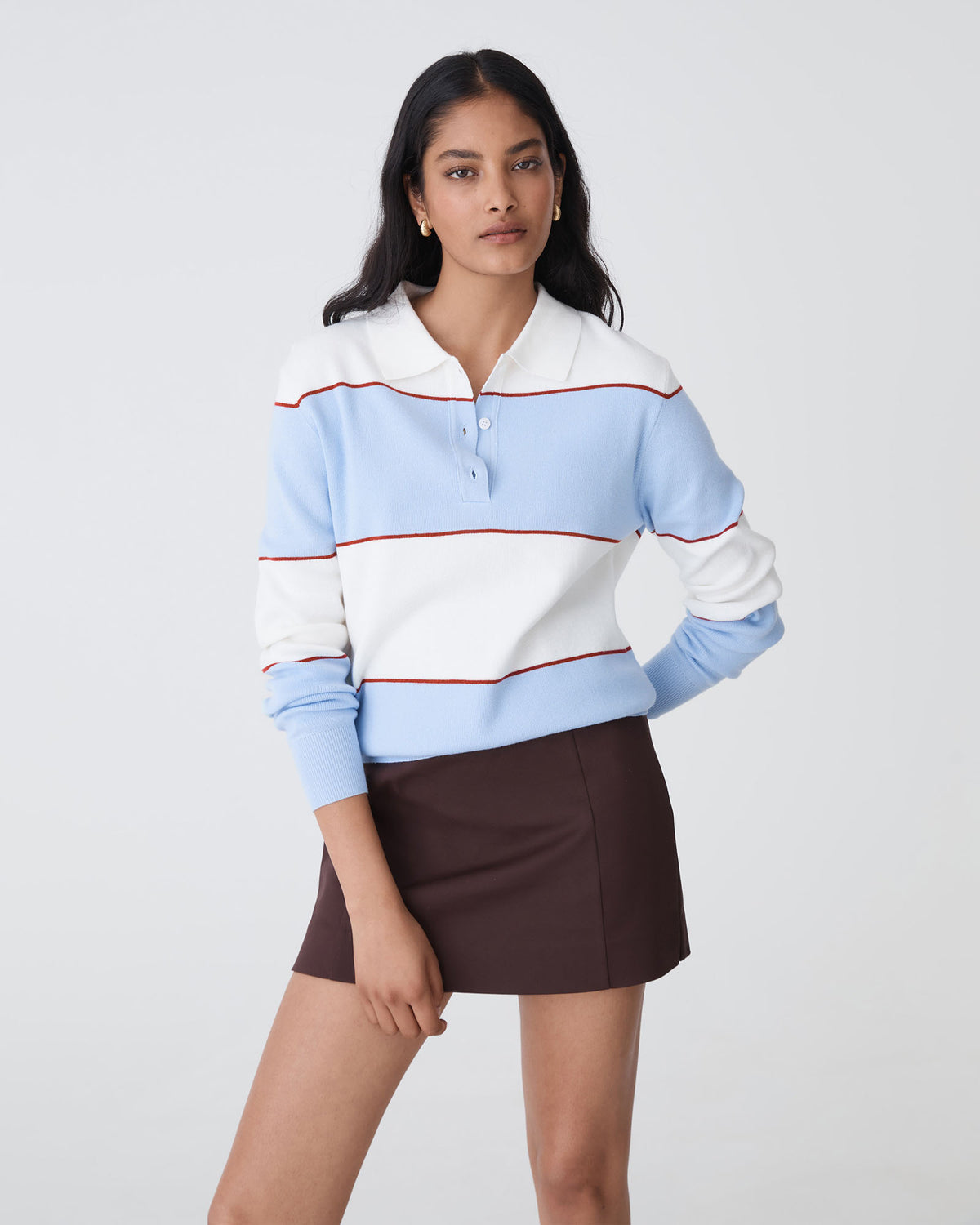 Brenda Stripe Collared Sweater in blue stripe — close-up view
