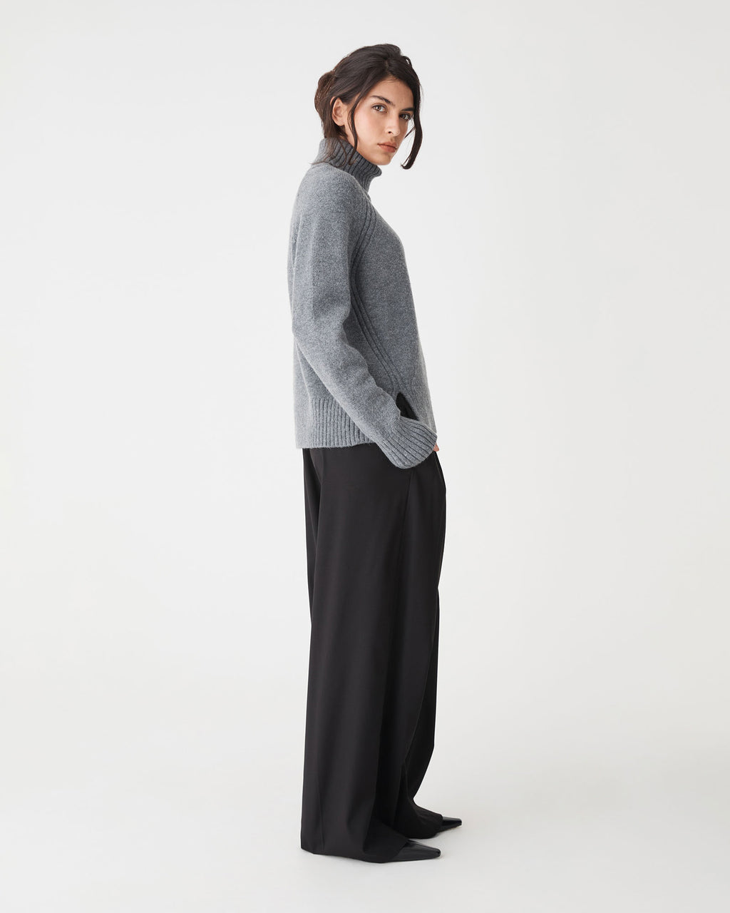 Jada Notch Hem Turtleneck Knit in grey marle — side view