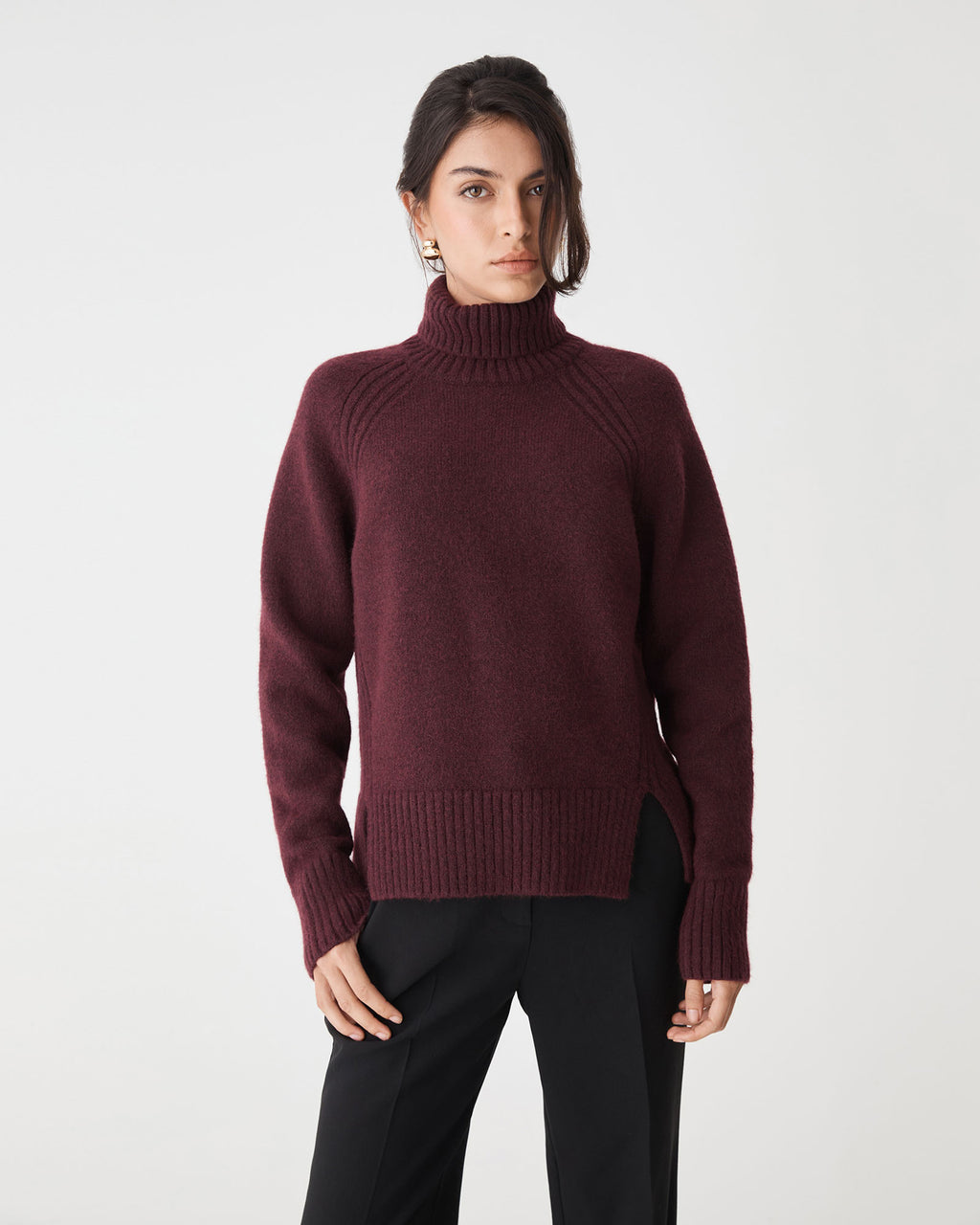 Jada Notch Hem Turtleneck Knit in mahogany — close-up view