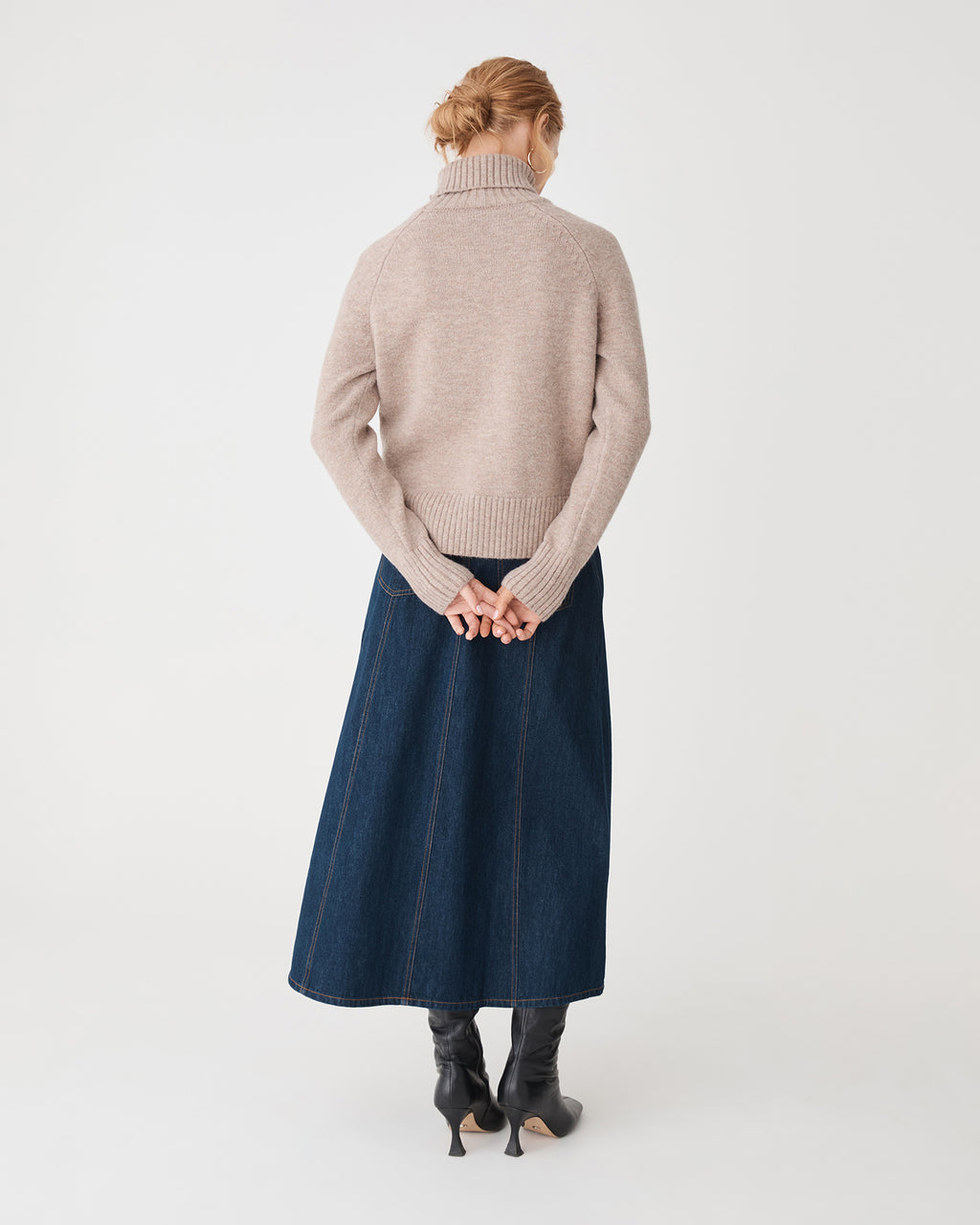 Jada Notch Hem Turtleneck Knit in oat marle — back view