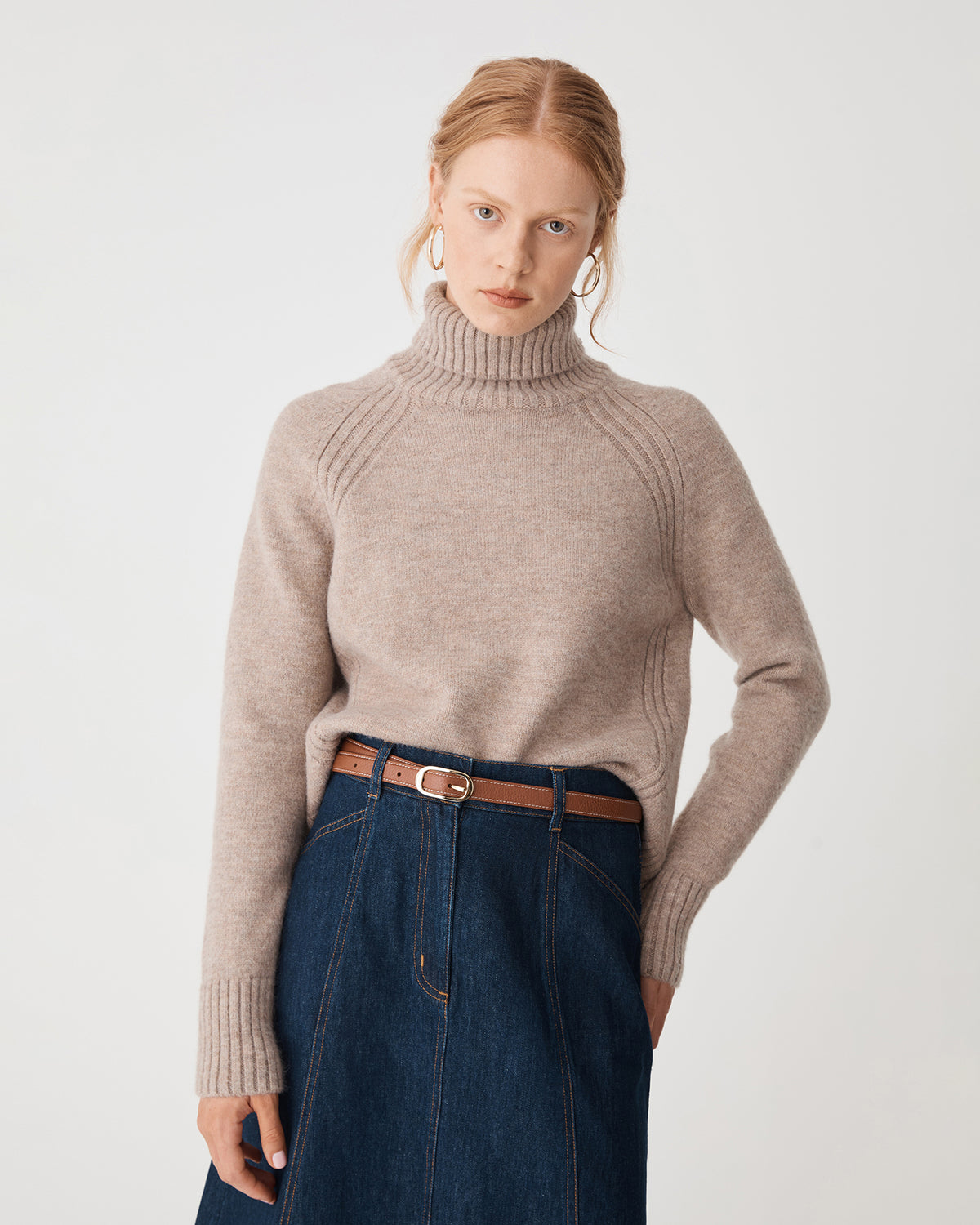 Jada Notch Hem Turtleneck Knit in oat marle — close-up view