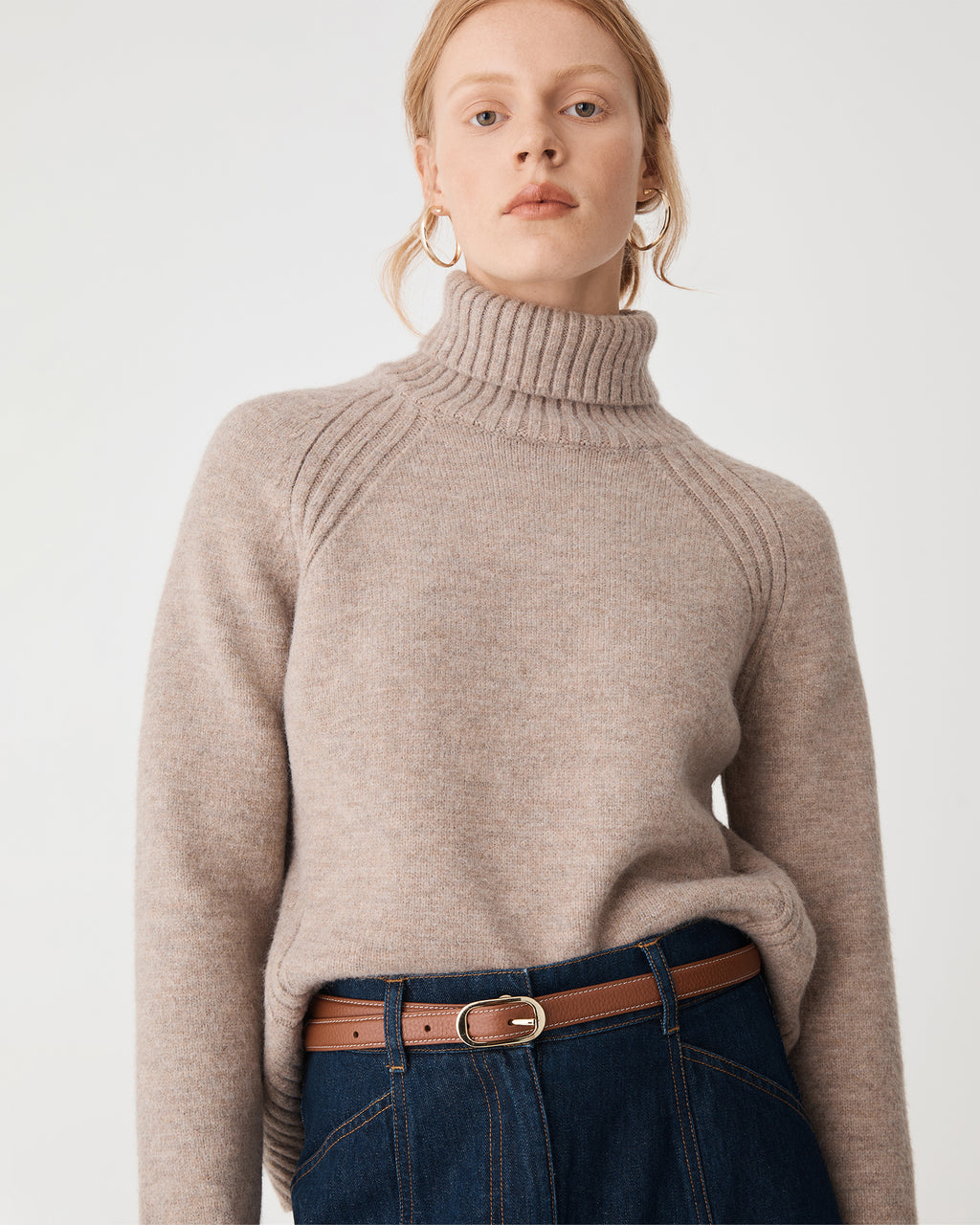 Jada Notch Hem Turtleneck Knit in oat marle — close-up view 2