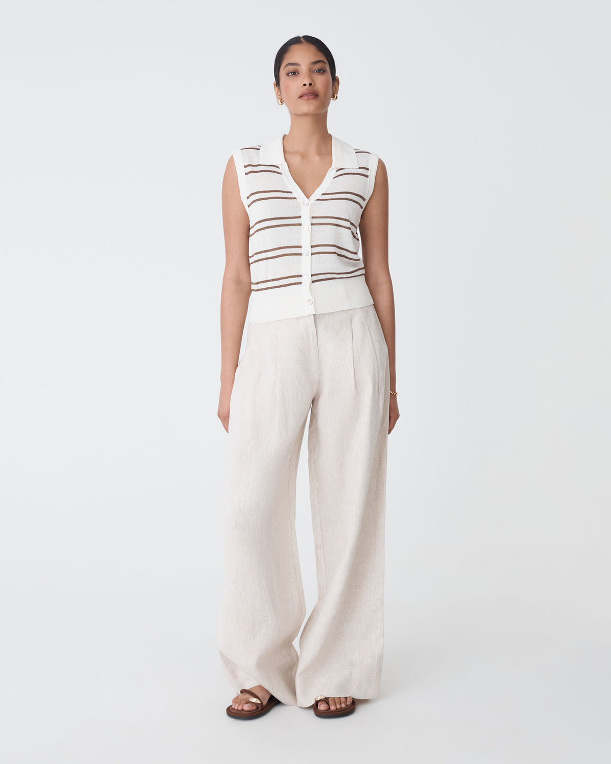 Kaia Striped Collared Top in ivory chocolate — full-length view 2