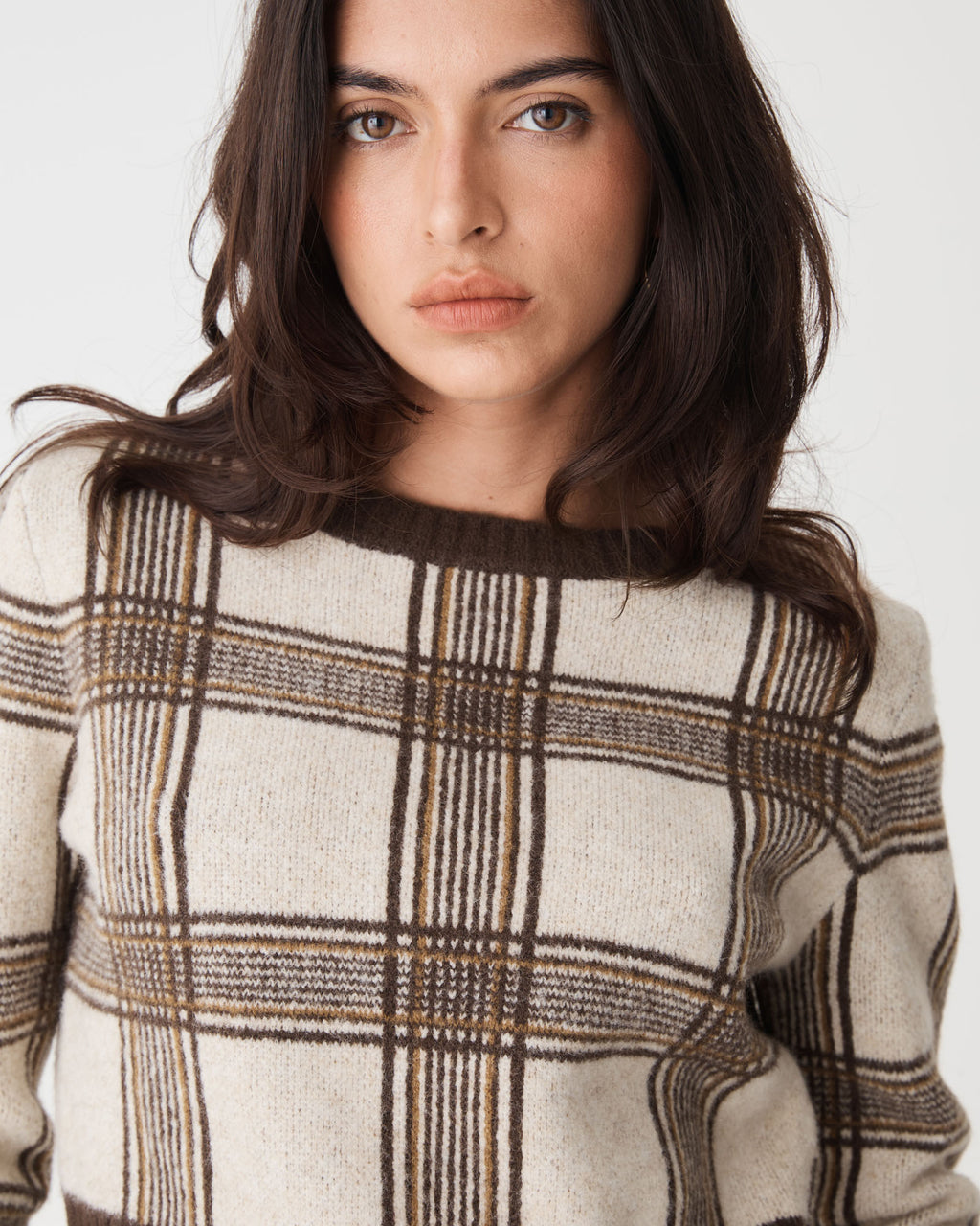 Francesca Check Jumper in brown check — fabric detail
