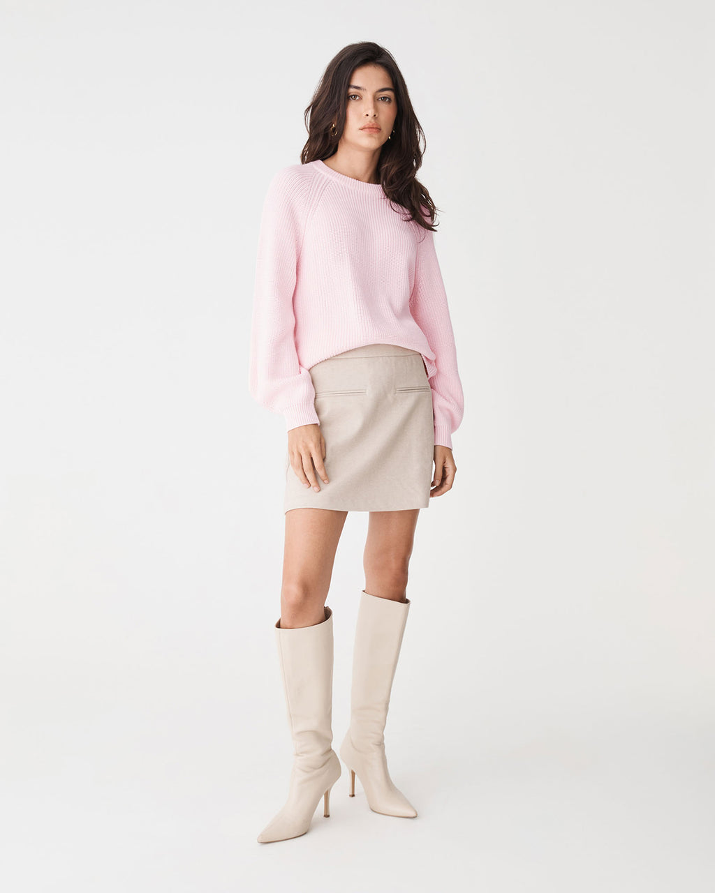 Meg Crew Neck Rib Knit Jumper in soft pink — full-length view 2