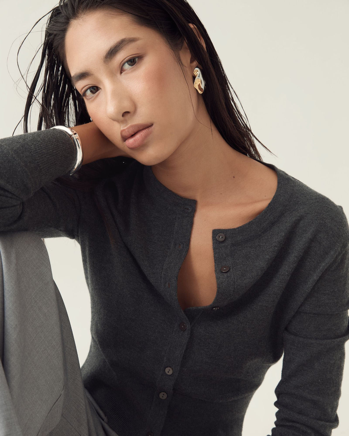 Cassie Crew Neck Cardigan in charcoal marle — fabric detail