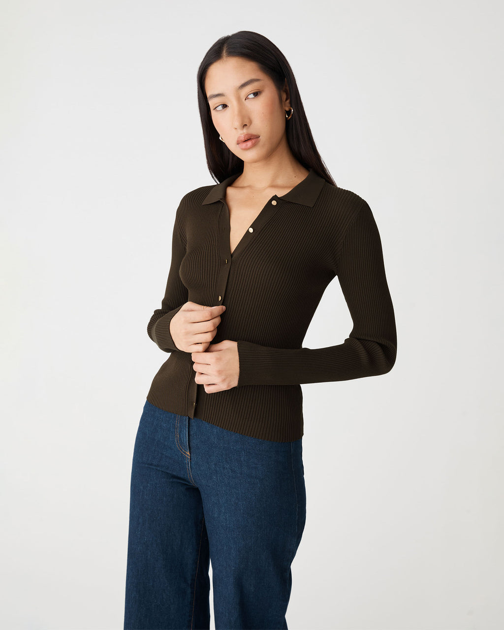 Bristol Collared Rib Cardigan in chocolate — side view
