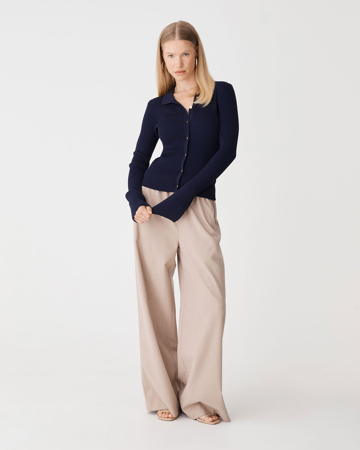 Bristol Collared Rib Cardigan in navy — full-length view