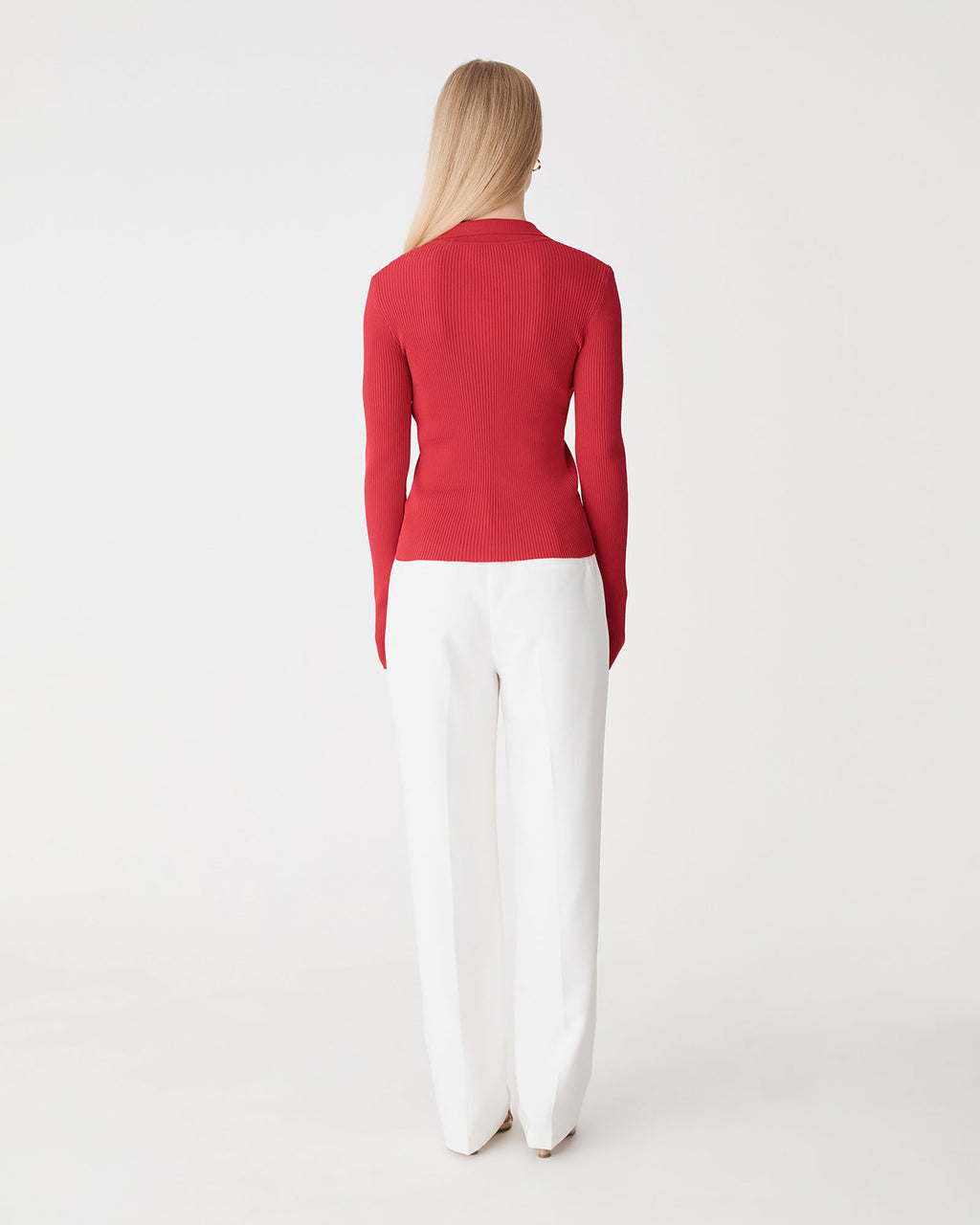 Bristol Collared Rib Cardigan in scarlet — back view