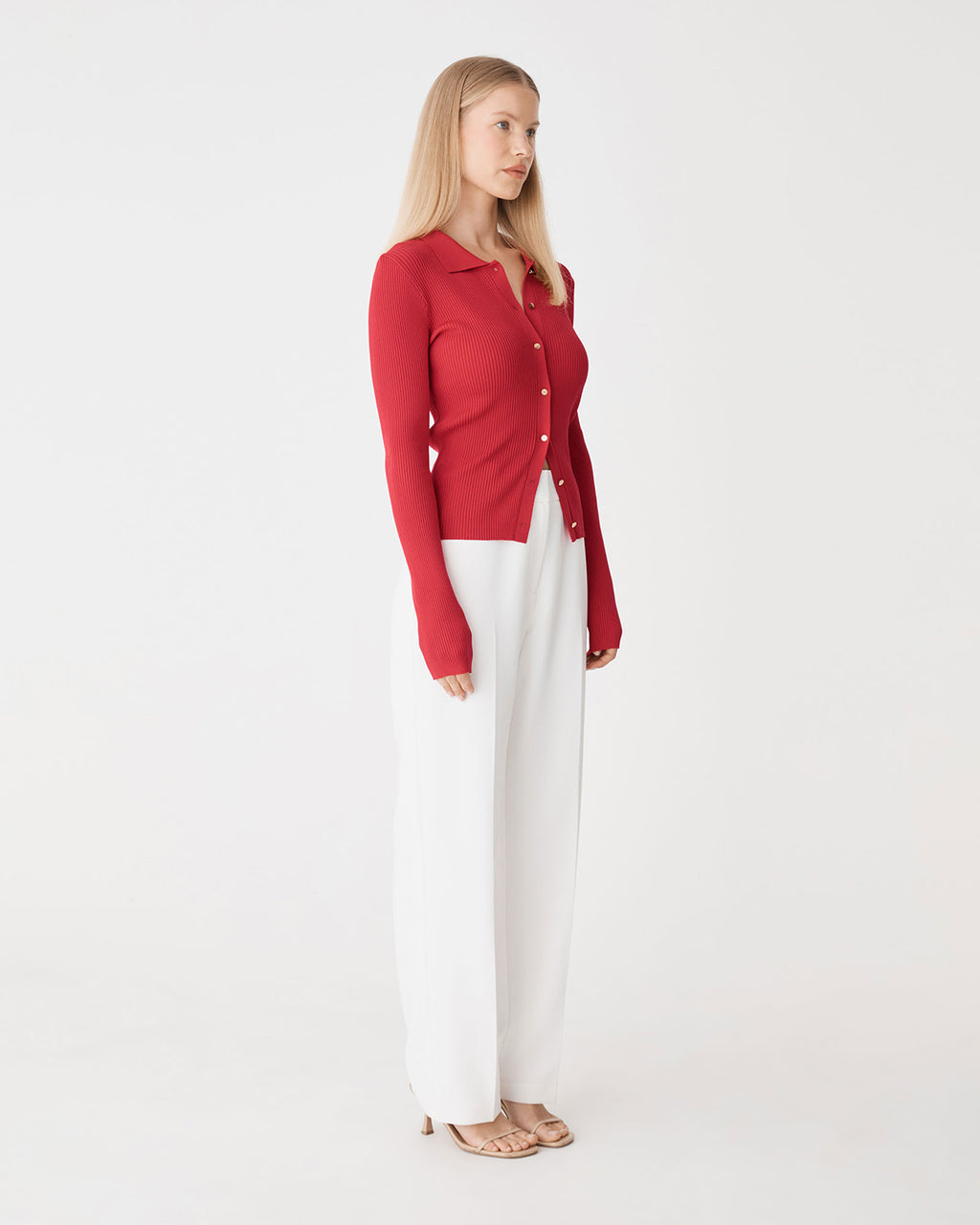 Bristol Collared Rib Cardigan in scarlet — side view