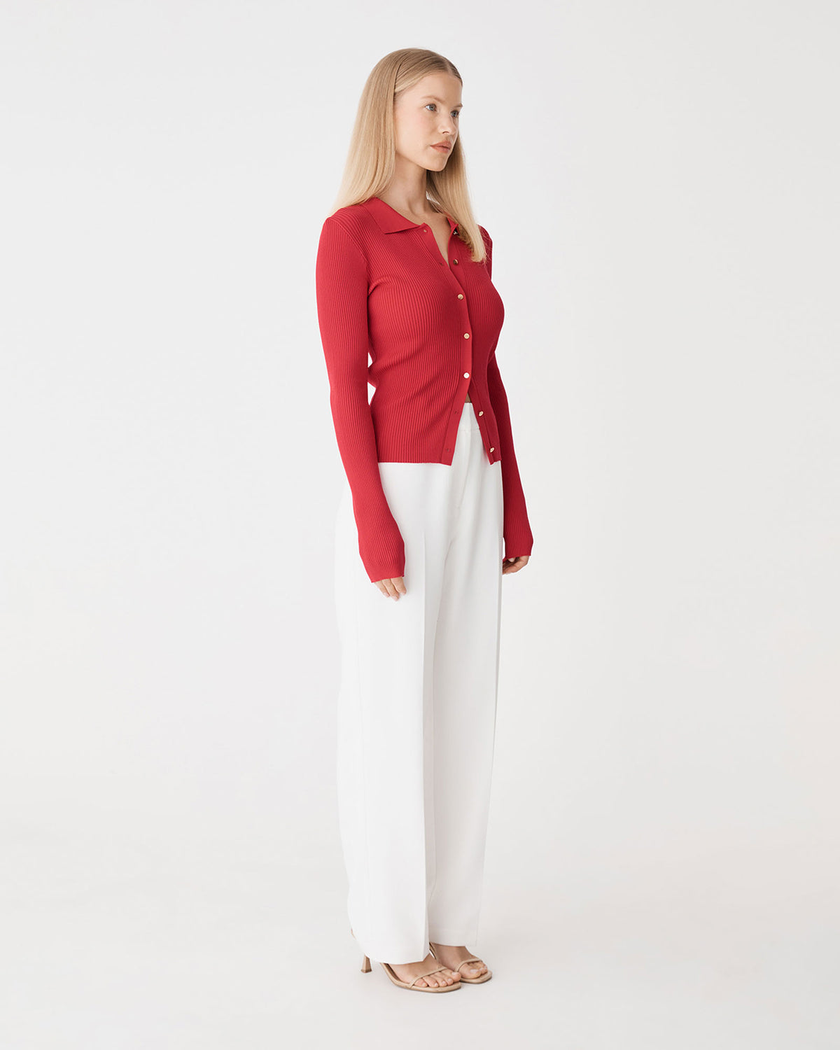 Bristol Collared Rib Cardigan in scarlet — side view