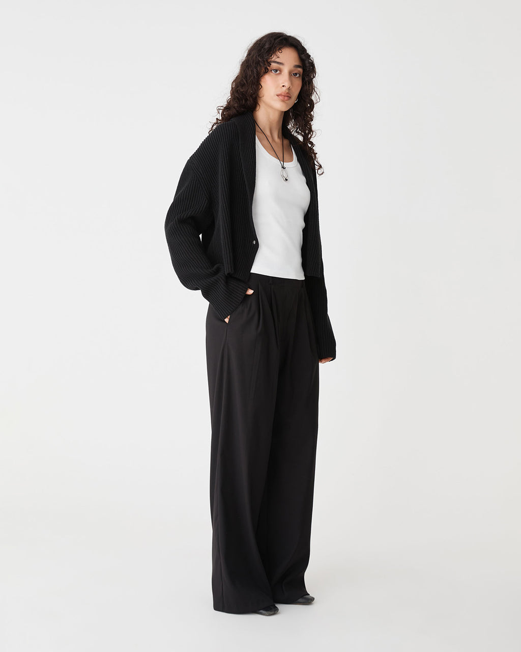 Avery Shawl Collar Cardigan in black — side view