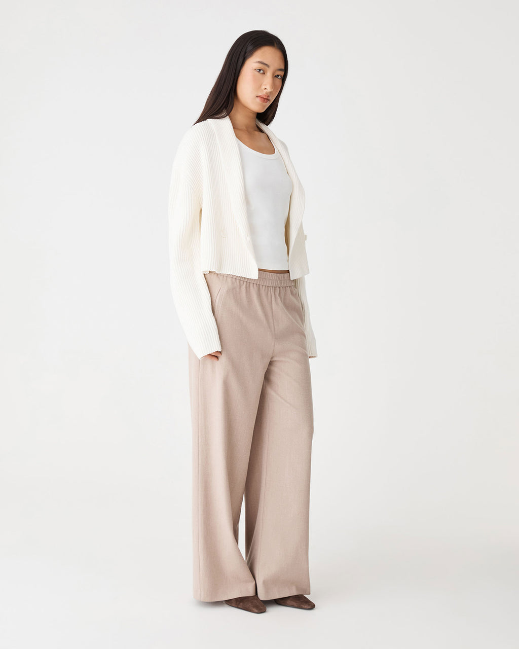 Avery Shawl Collar Cardigan in ivory — side view
