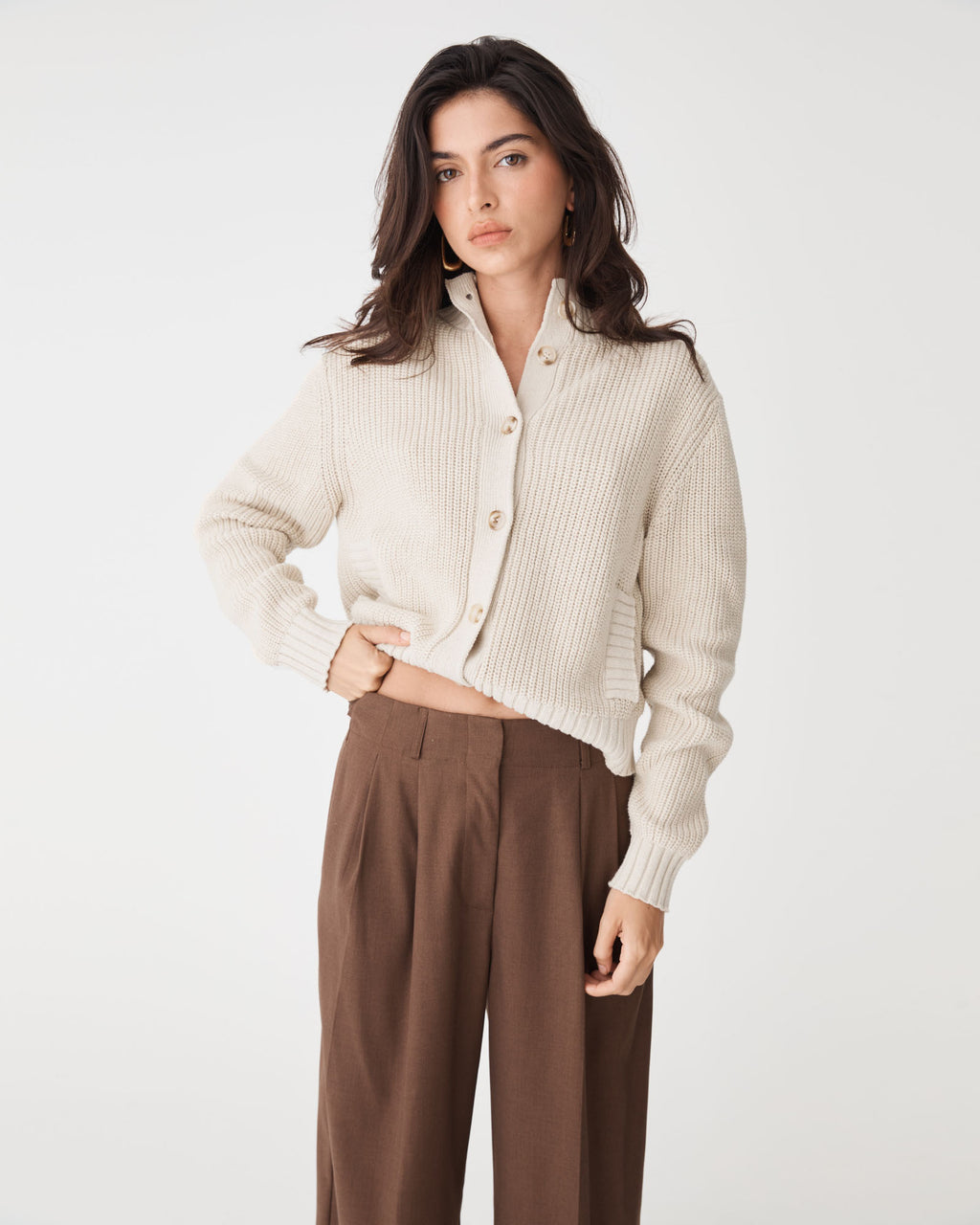 Petra Rib Knit Cardigan in oatmeal — close-up view
