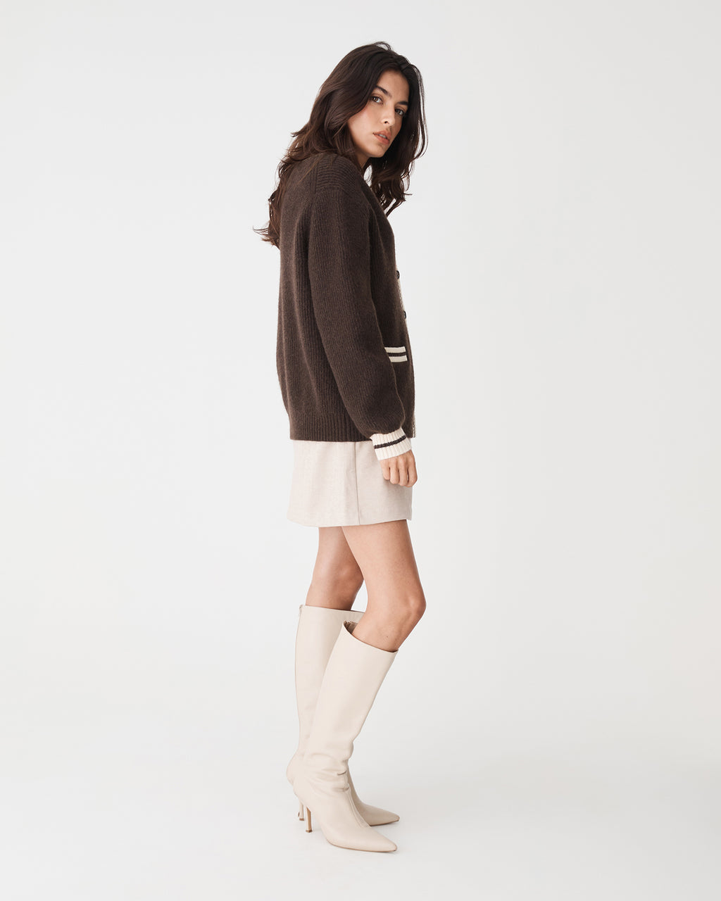 Marlo Relaxed Fit Cardigan in chocolate ivory — back view