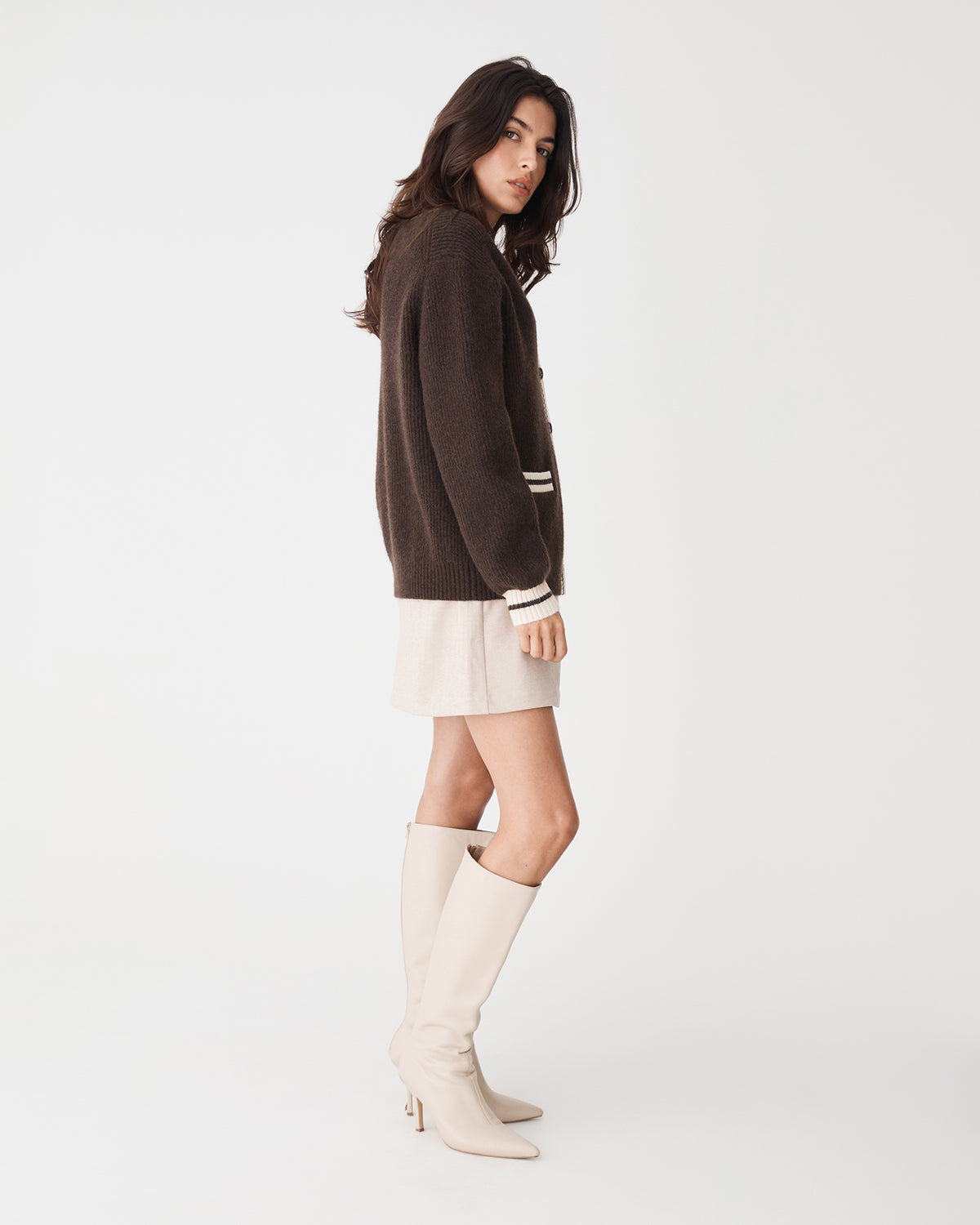 Marlo Relaxed Fit Cardigan in chocolate ivory — back view