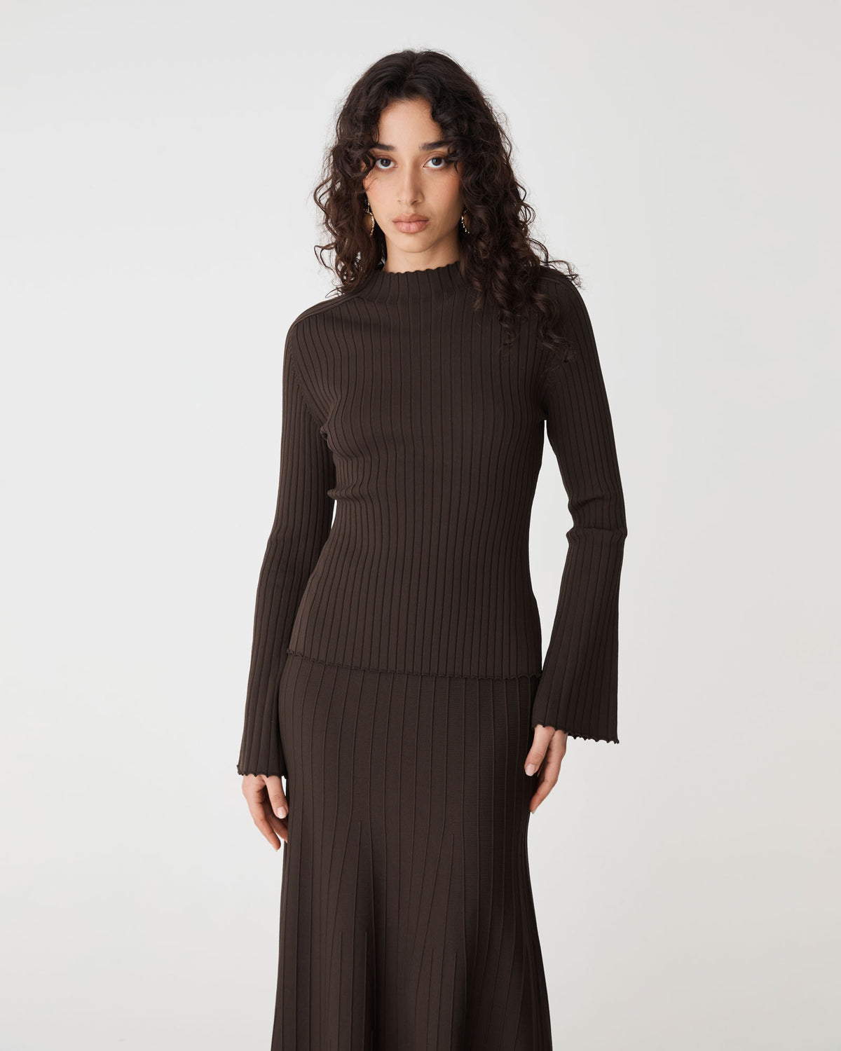 Nevaeh Bell Sleeve Knit in chocolate — close-up view
