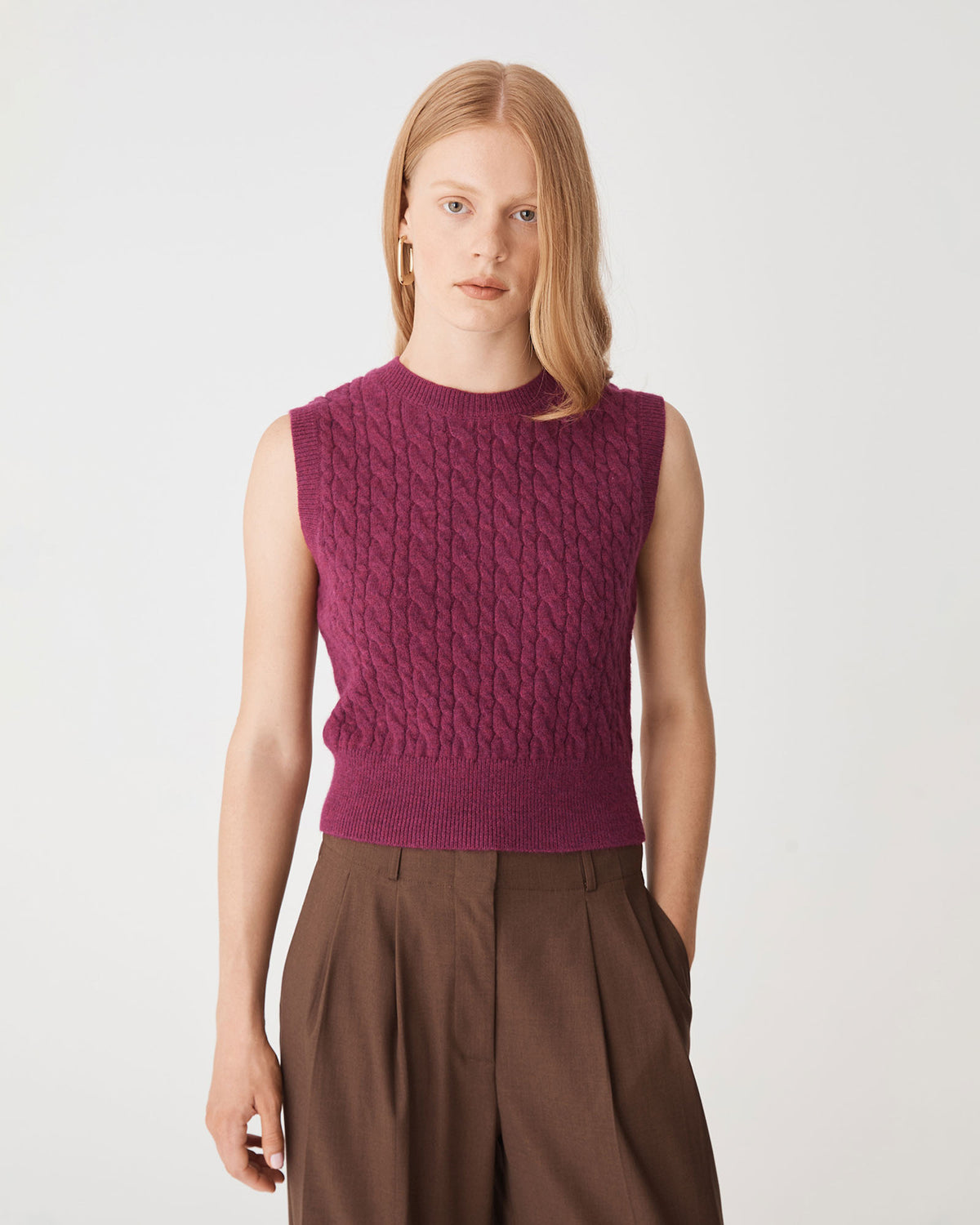 Frankie Sleeveless Cable Knit in berry — close-up view