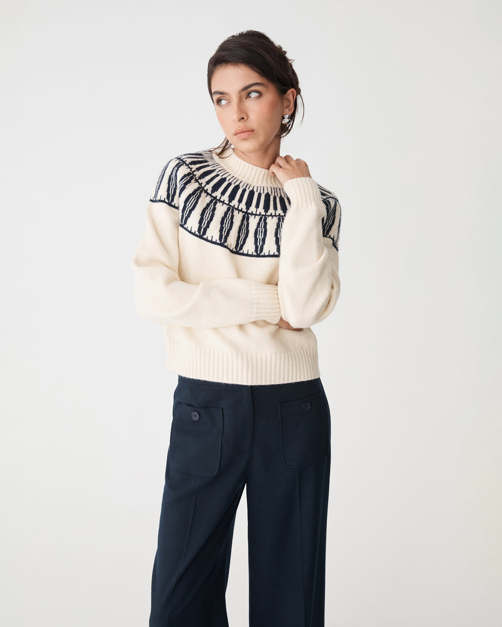 Allegra Fair Isle Sweater in ivory navy — close-up view