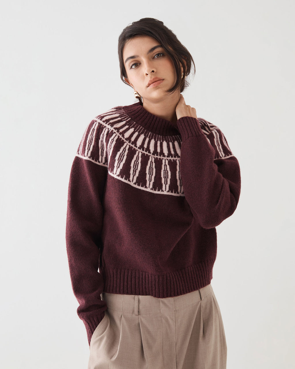 Allegra Fair Isle Sweater in mahogany — close-up view 2