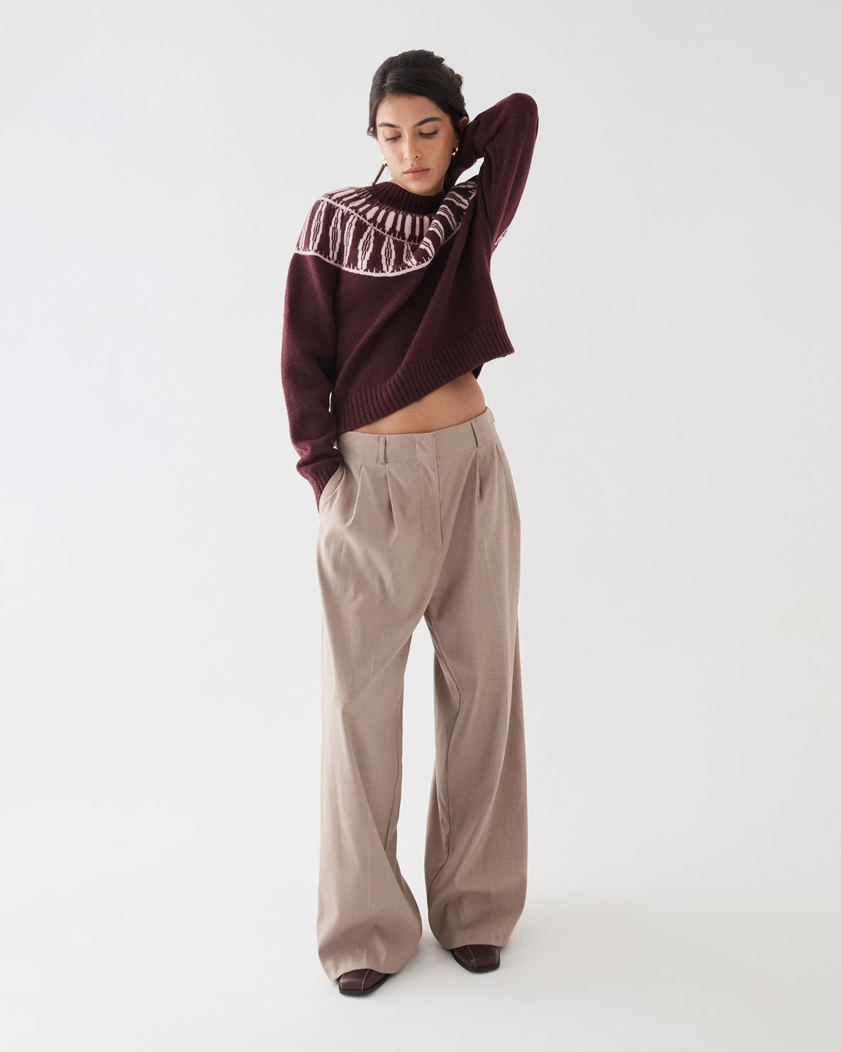 Allegra Fair Isle Sweater in mahogany — full-length view 3
