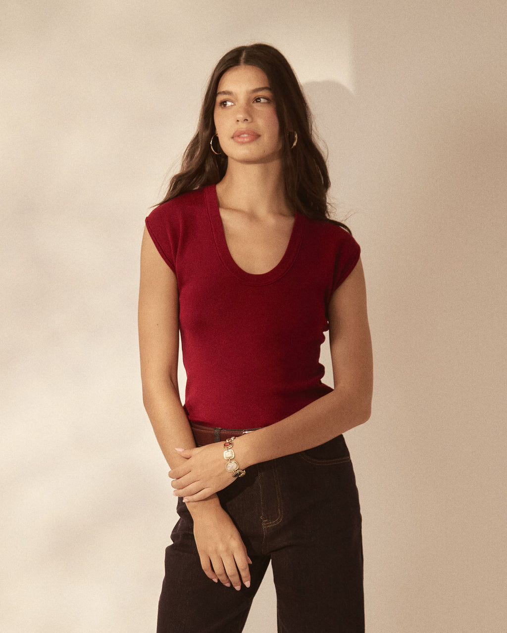 Laura Tencel Scoop Neck Knit in rhubarb — close-up view 3