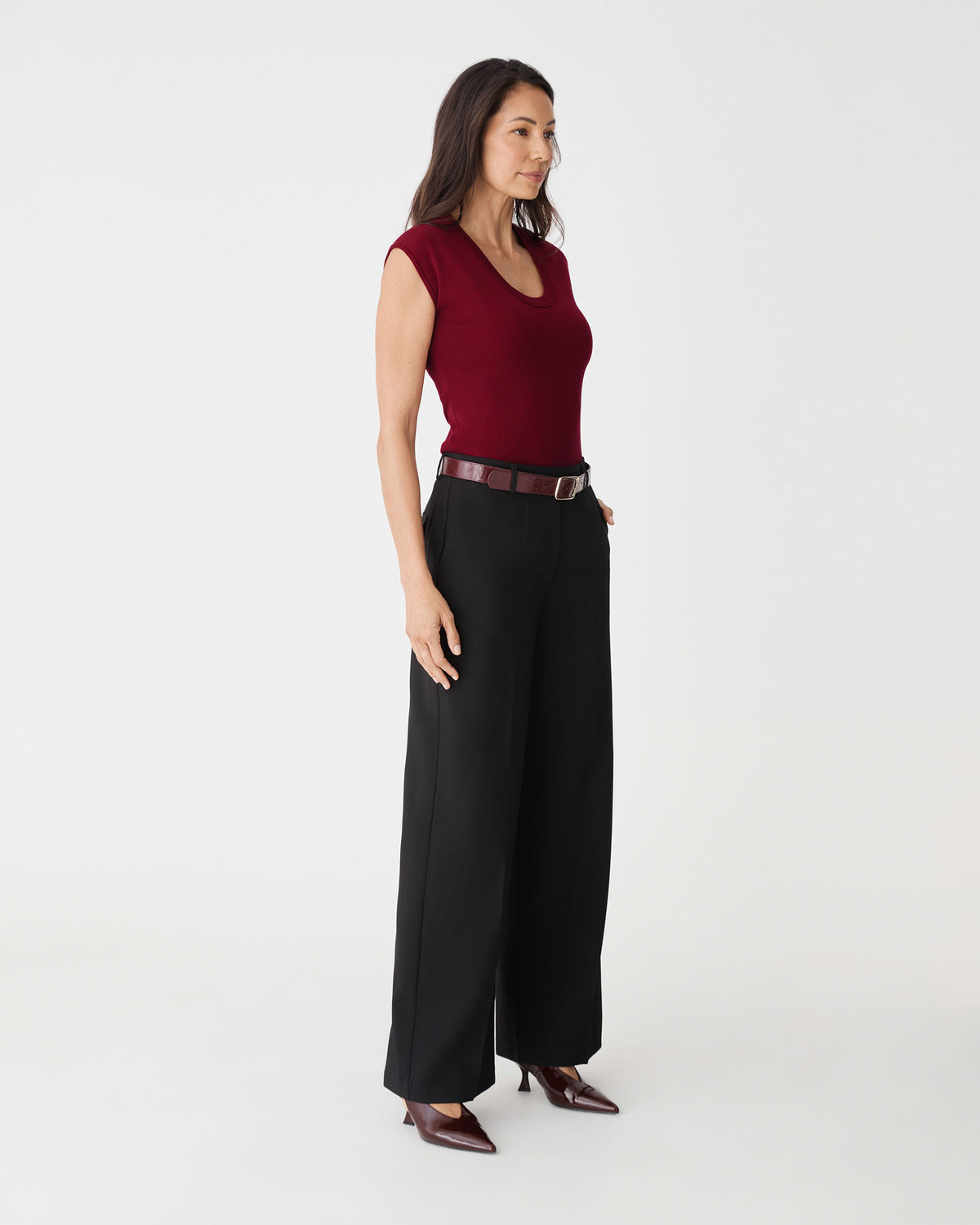 Laura Tencel Scoop Neck Knit in rhubarb — side view