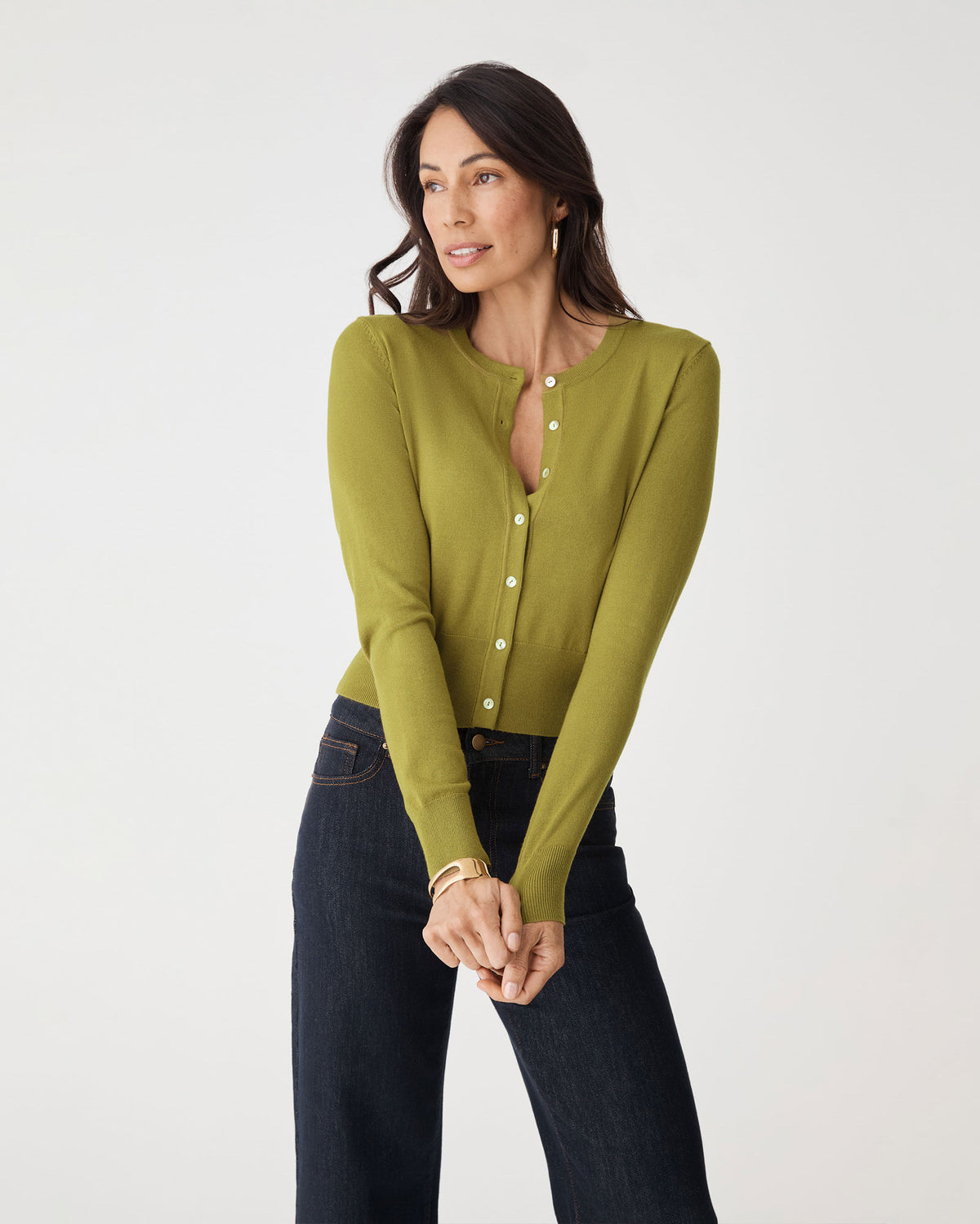 Jessie Crew Neck Cardigan in fennel — close-up view 2