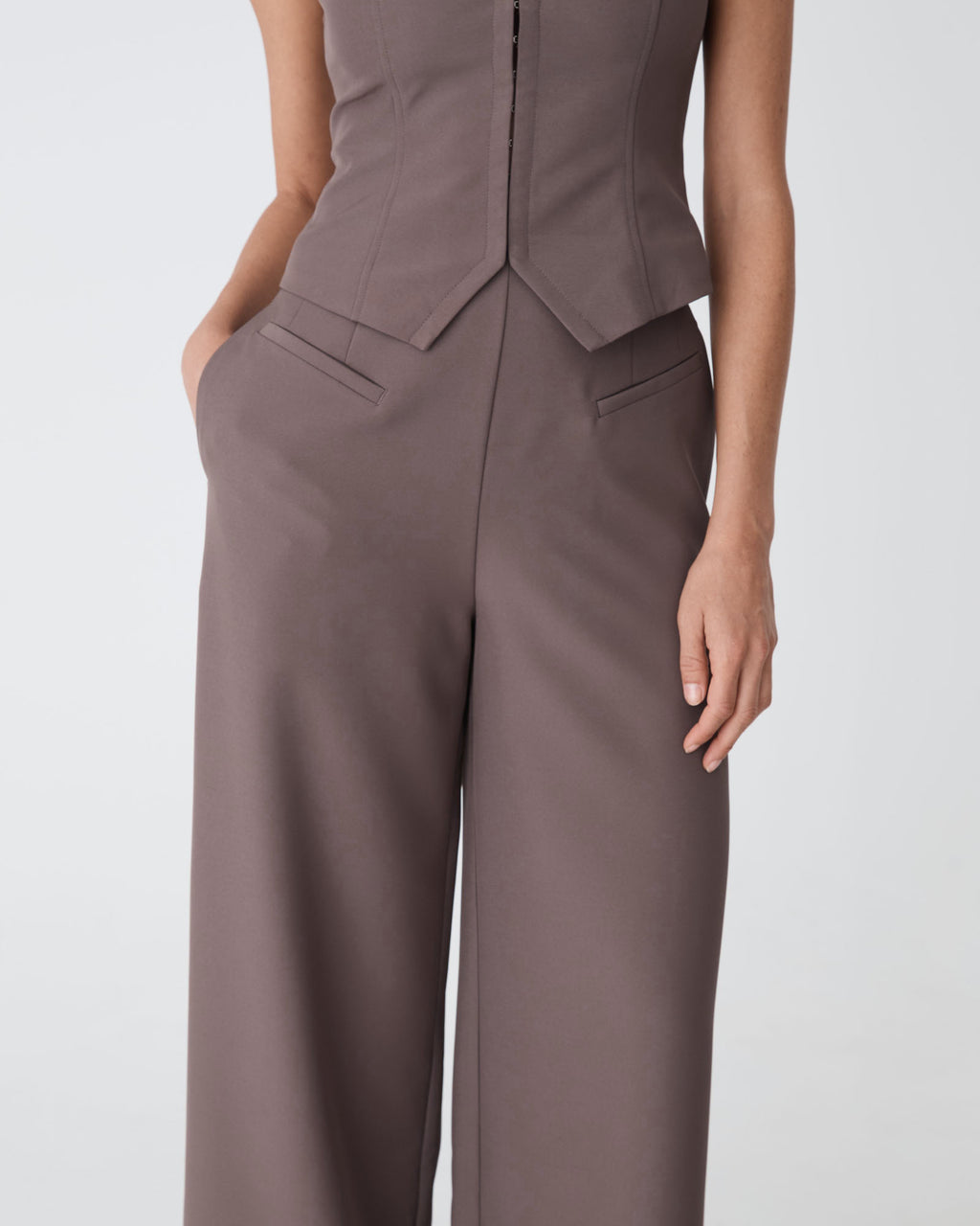Dakota Basque Waist Pants in truffle — close-up view