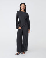 Asma Satin Wide Leg Pants in black — full-length view