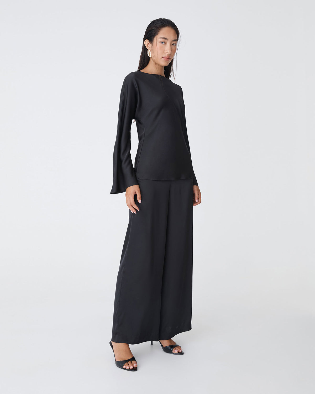 Asma Satin Wide Leg Pants in black — side view