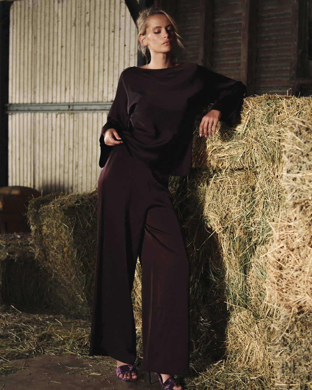 Asma Satin Wide Leg Pants in ganache — alternate view