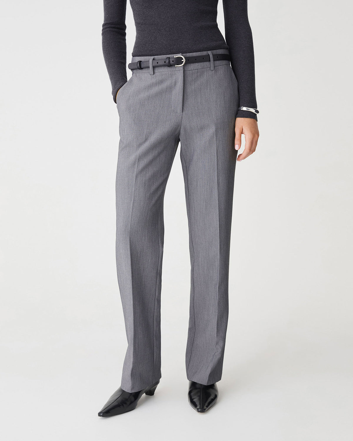 Nikki Mid Rise Straight Pants in melange grey — close-up view