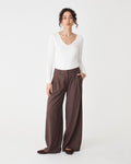 Arden Mid Rise Pleated Pants in dark mocha — full-length view
