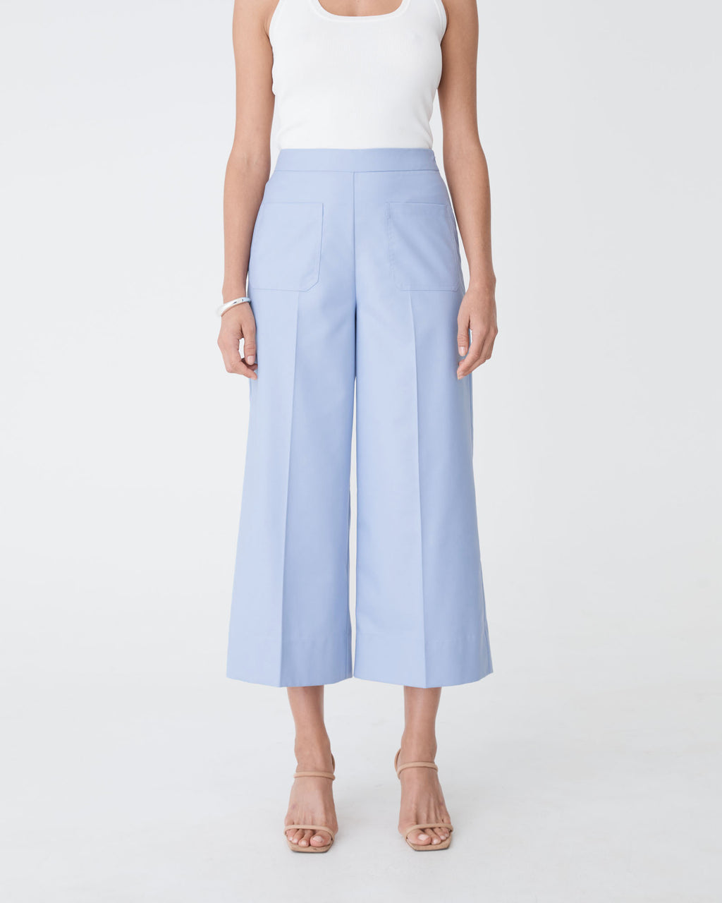 Eden Patch Pocket Culottes in light blue — close-up view