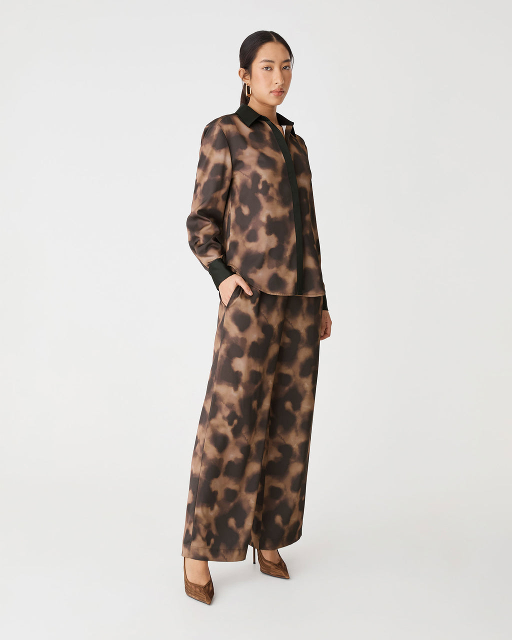Savanna Printed Satin Pants in brown abstract — side view