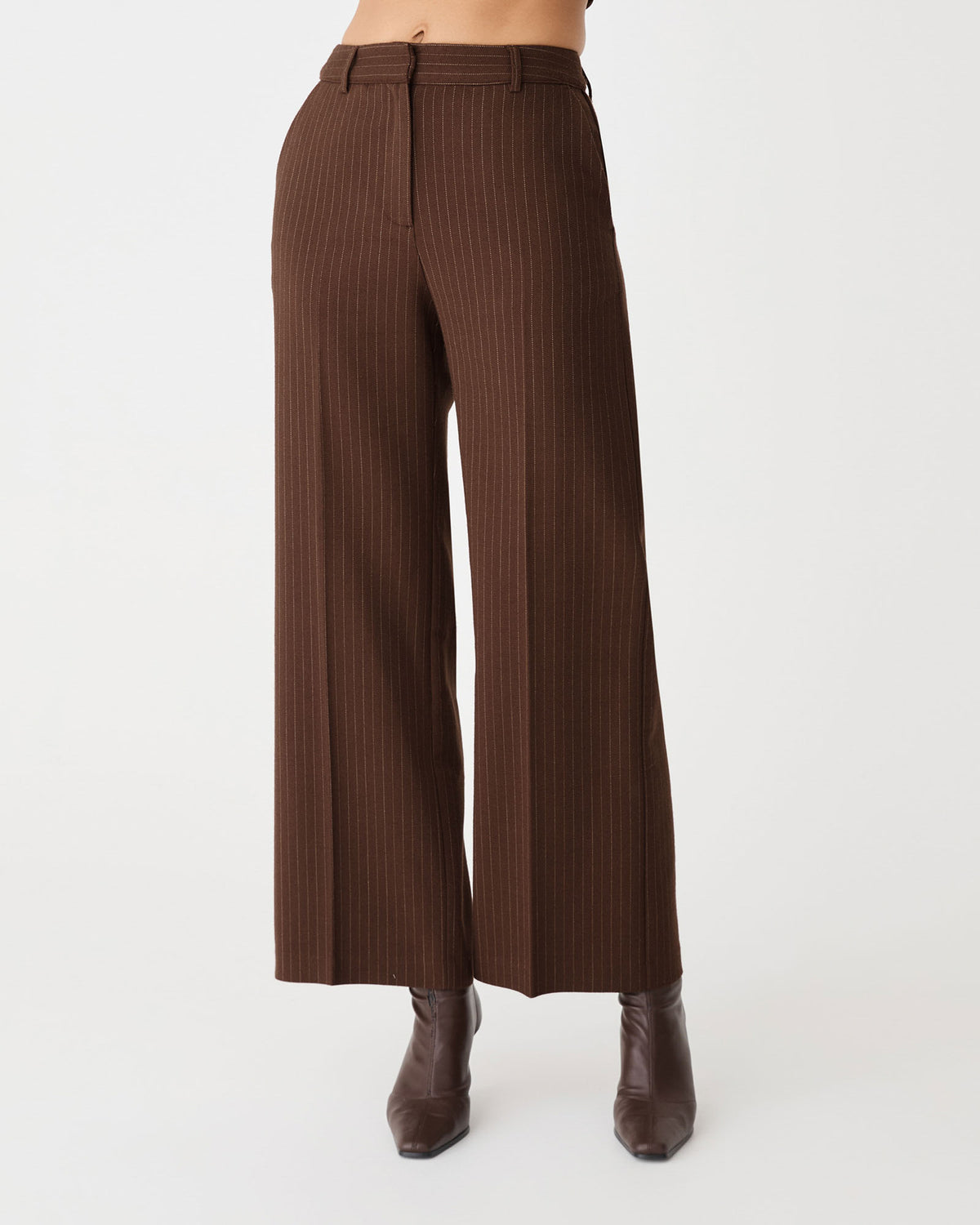 Zara Pinstripe Tailored Pants in chocolate pinstripe — close-up view