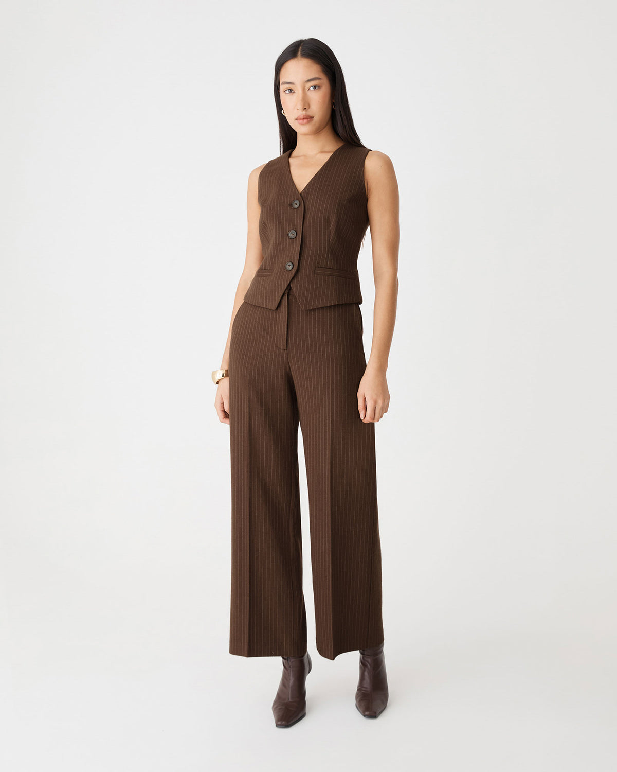 Zara Pinstripe Tailored Pants in chocolate pinstripe — full-length view 2