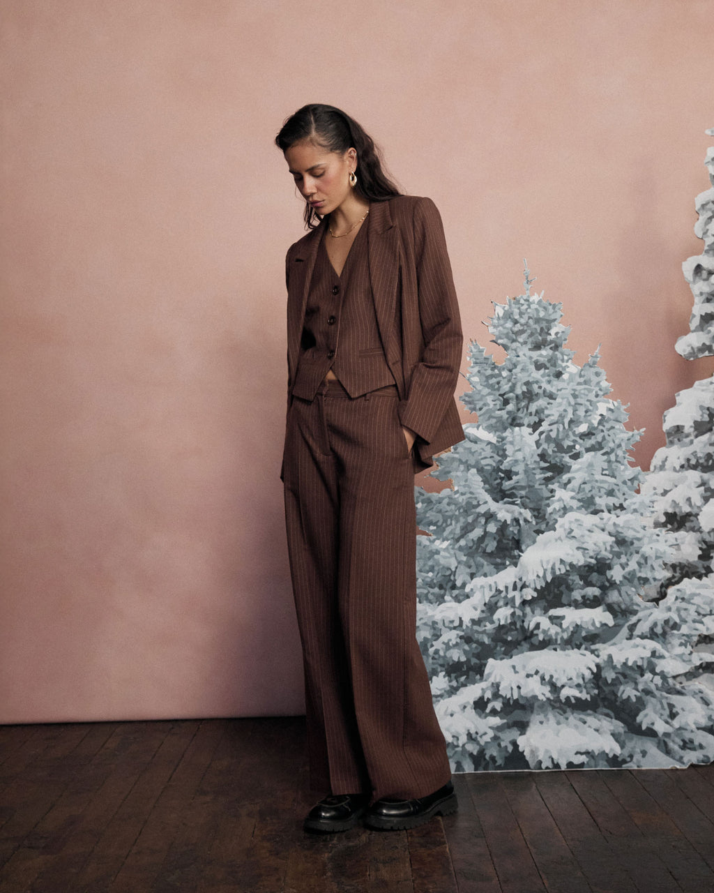 Zara Pinstripe Tailored Pants in chocolate pinstripe — alternate view