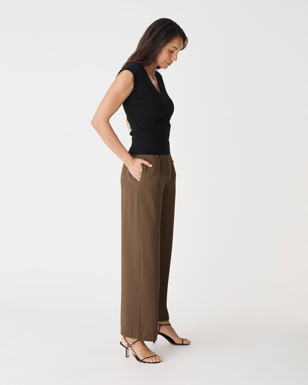 Maggie Elastic Waist Pants in coffee — side view