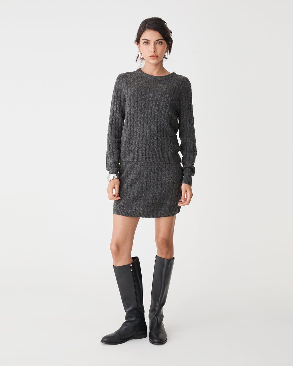 Andie Cable Knit Mini Skirt in charcoal — full-length view