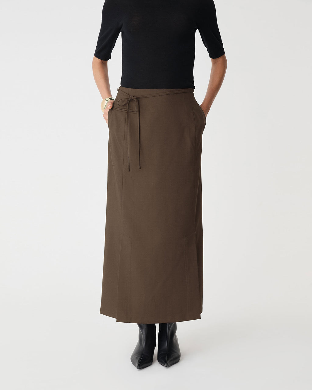 Greta Column Skirt in coffee — close-up view