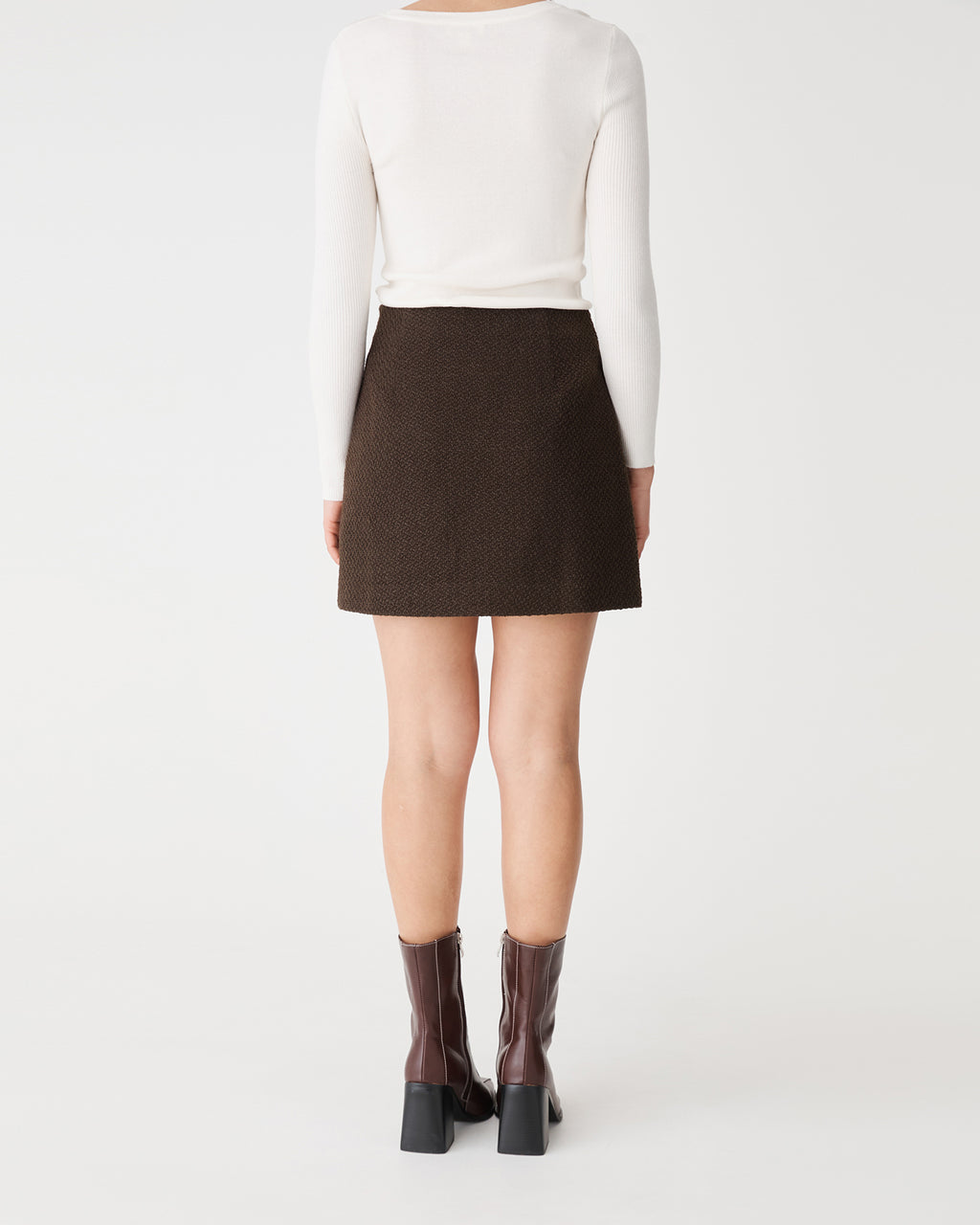 Aubery Tweed Mini Skirt in chocolate — back view