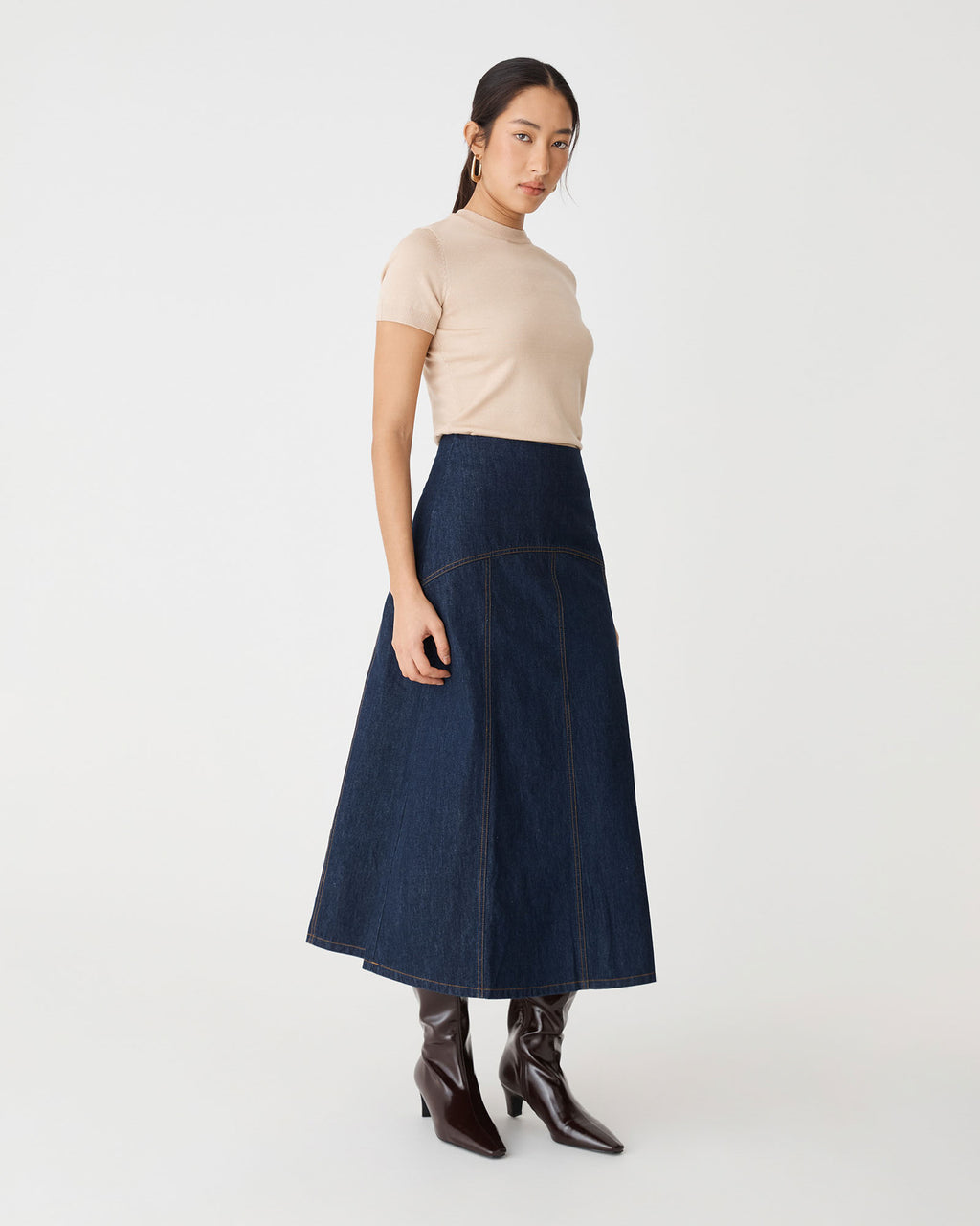 Nancy A-Line Denim Skirt in dark denim — side view