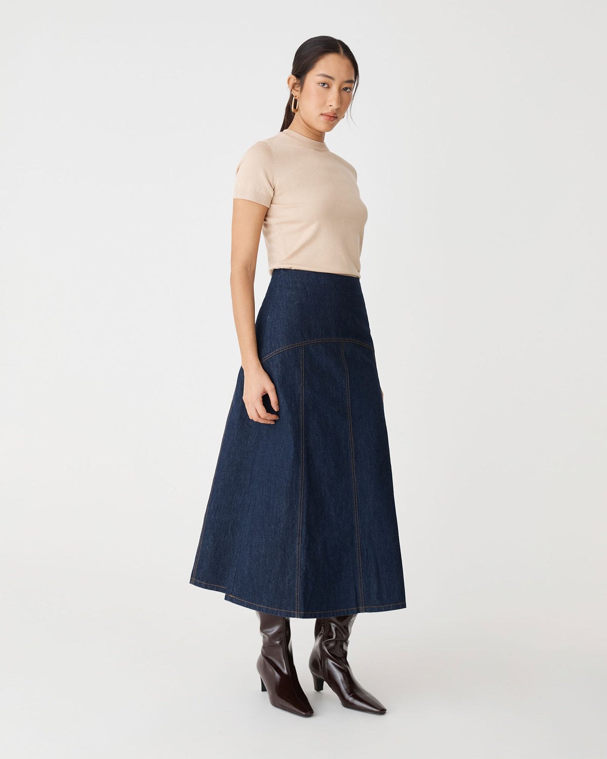 Nancy A-Line Denim Skirt in dark denim — side view